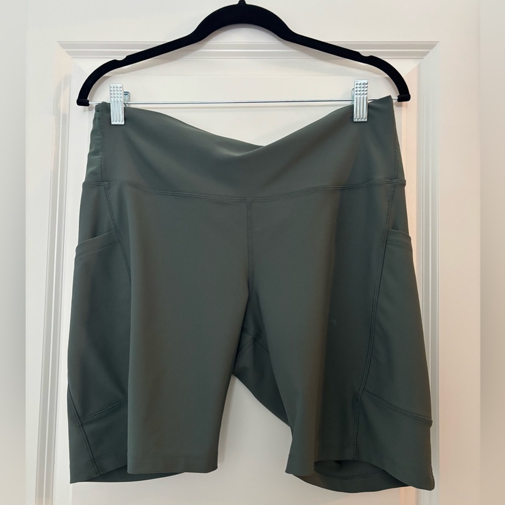 High-Waisted PowerSoft Olive Green Biker Shorts - 8 inch inseam